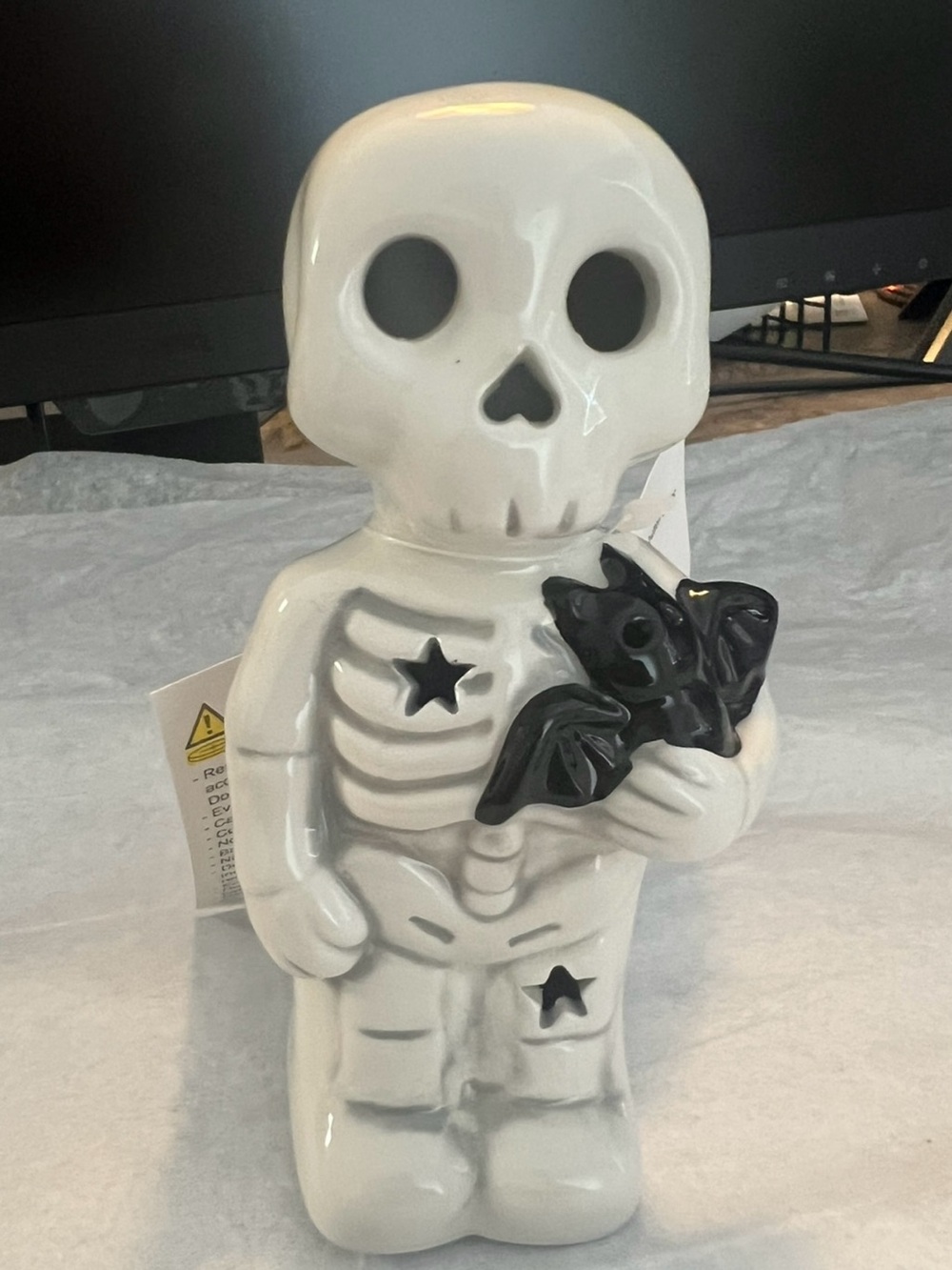 White Ceramic Skeleton Figurine with Black Bat Accent - Home Accents NWT